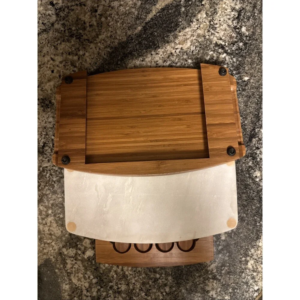 B. SMITH Bamboo & Marble Cheese Board Set w/ Utensils Hidden Storage Tray
